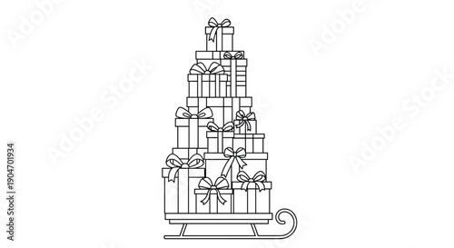 Simple line art illustration of a traditional sleigh carrying a tall mountain of wrapped gift boxes with bows.