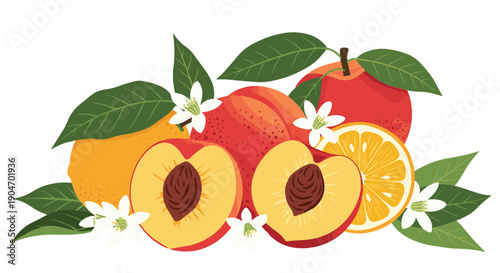 Still life illustration of ripe peaches and an orange slice surrounded by green leaves and delicate white blossoms for fruit design.