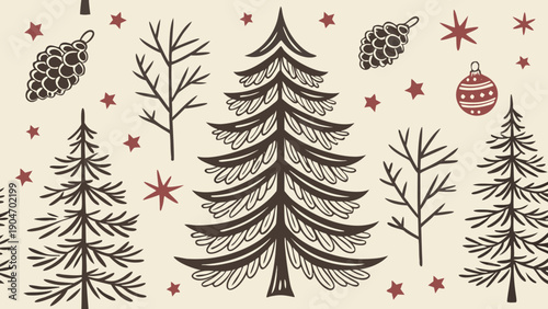 Vintage hand drawn christmas tree pattern with rustic snowflakes and ornaments on beige background