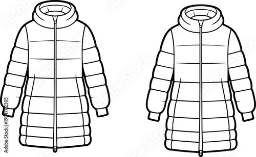 Long winter puffer jacket line art illustration, hooded quilted coat front and back views, minimal outline fashion vector