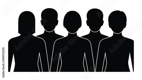 Vector illustration features silhouettes of people standing in a row against a white background