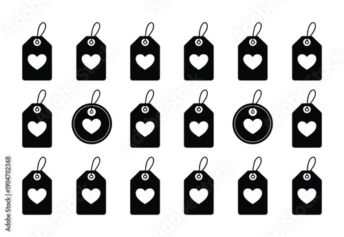 Black and white vector illustration of love-themed tags with hearts in varied designs