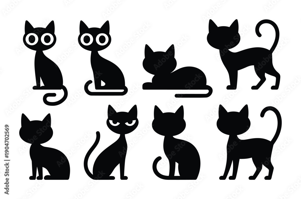 Obraz premium Collection of eight vector black cat illustrations in various poses and styles