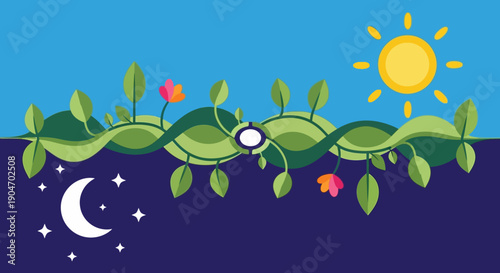 Caterpillar on Leafy Green Stem Illustration.