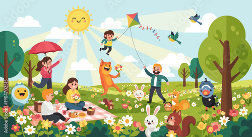 Children Playing in a Sunny Meadow.