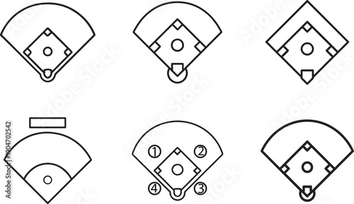 Baseball field linear icon set with clean outlines, minimal vector symbols for sports design use