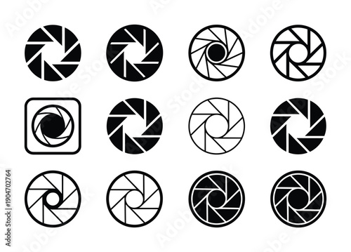 This is a set of vector black and white camera aperture icons in various designs