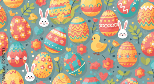 Colorful Easter Eggs and Rabbits Pattern.