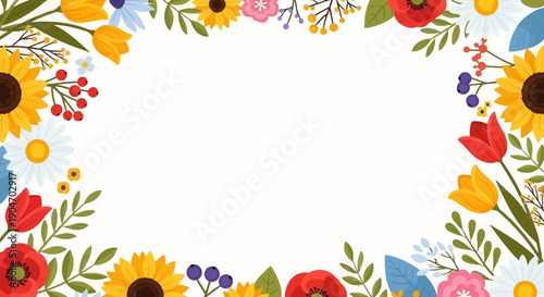 Colorful Floral Border with Sunflowers and Tulips.