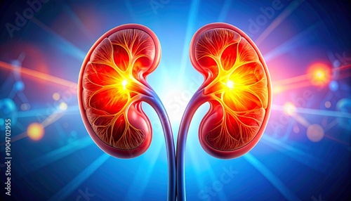 Detailed anatomical illustration of human kidneys with internal structures visible, right kidney highlighted in glowing red and yellow to indicate inflammation or medical condition, blurred clinical b