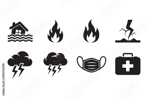 Disaster Icons: Fire, Flood, Storm, Health