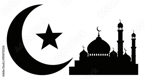 Black silhouette of a mosque with minarets, crescent moon, and star, symbolizing Islamic faith, isolated on white background.