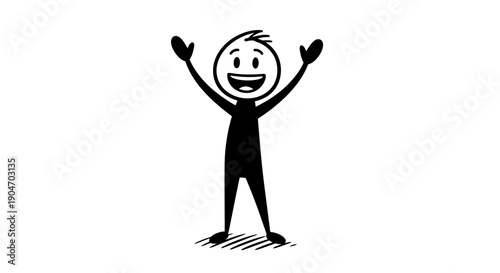 Victorious black stick figure with happy smile and arms raised in triumph, celebrating achievement, isolated on white background.