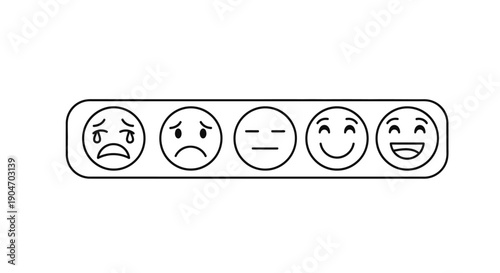 Set of six outline emoji faces in a rating bar, depicting emotions from sad to very happy, isolated on white background.