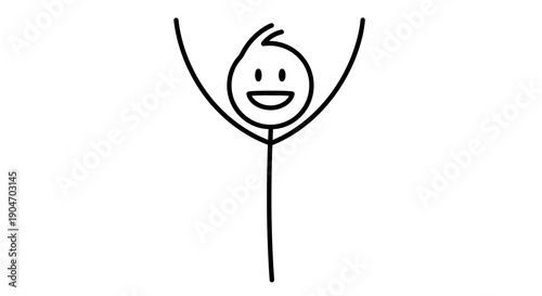 Joyful stick figure outline with happy smile and arms raised in victory pose, celebrating success, isolated on white background.