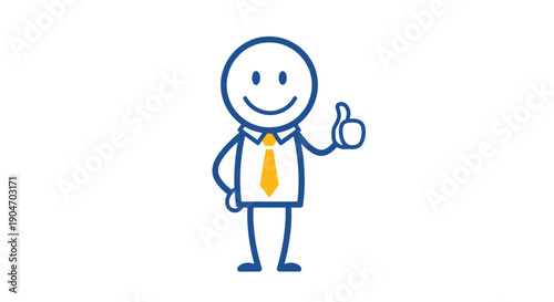 Happy smiling blue stick figure businessman giving thumbs up gesture, symbolizing success and approval, isolated on white background.