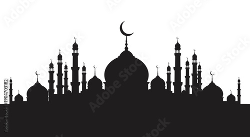 Silhouette of a grand mosque with minarets and crescent moon, isolated on white background.