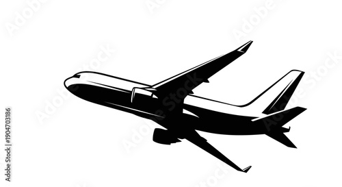 Black silhouette of a commercial airplane flying in profile, representing travel and adventure on an isolated white background.