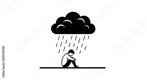 Simple stick figure person sitting sadly under a raining cloud, symbolizing depression and hopelessness on an isolated white background.