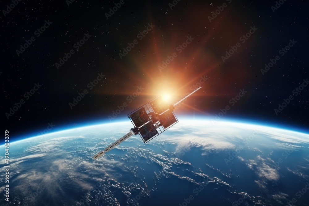 Fototapeta premium Satellite orbiting above earths atmosphere, reflecting sunlight while providing telecommunication services
