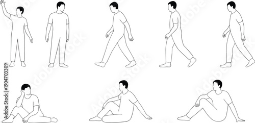 Minimalist male figure outline set, walking and sitting poses, line art man silhouettes, vector character collection, isolated posture reference