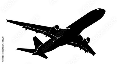 Commercial airplane flying or landing viewed from below, black silhouette, isolated white background.