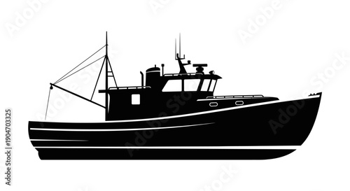 Detailed fishing boat silhouette, commercial vessel for ocean industry, isolated white background.