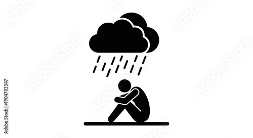 Depressed man sitting with head down under rain cloud, symbolizing sorrow and stress, isolated white background.