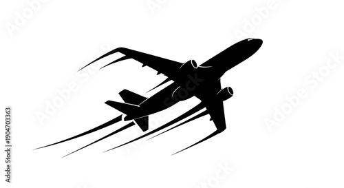 Dynamic airplane taking off or landing with speed lines, black silhouette, isolated white background.
