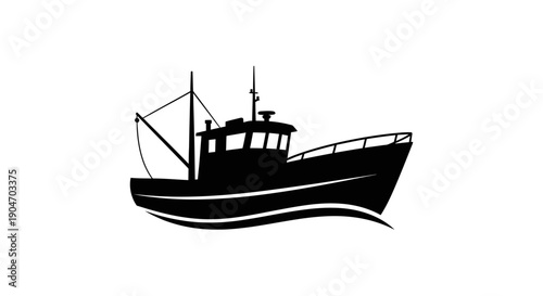 Traditional fishing boat silhouette, commercial vessel for sea fishing, isolated white background.