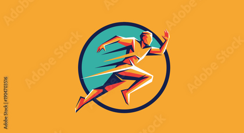 Dynamic stylized runner in motion within a blue circle against a vibrant orange background, representing speed and energy.