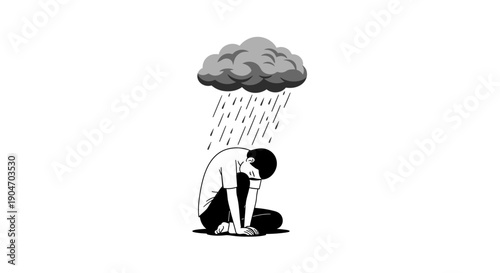 Sad person sitting alone under a dark raining cloud, symbolizing depression and sorrow, on an isolated white background.