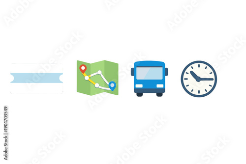 Bus travel ticket and bus route map with bus icon and clock showing time for transportation planning and travel