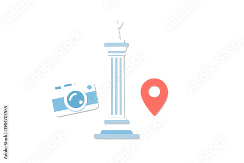 Column with a statue and a location pin near a camera at a sightseeing spot in a city during the daytime