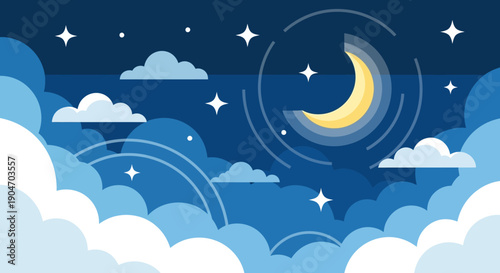 Crescent Moon Surrounded by Clouds and Stars.