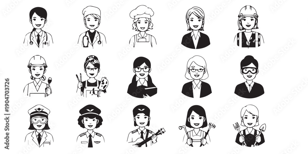 Fototapeta premium Collection of 15 diverse cartoon characters in various professions