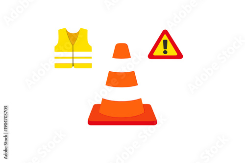 Traffic safety signs and equipment show a warning for road work in a city setting during the day including a traffic cone, caution sign, and safety vest