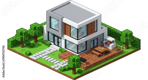 Modern Isometric House Design with Outdoor Living Space.