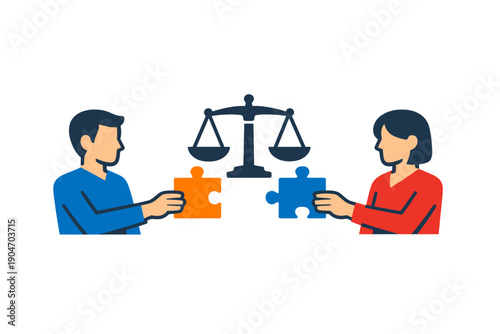People holding puzzle pieces and presenting them to a balance scale to show fairness and justice in negotiations or agreements in an office setting