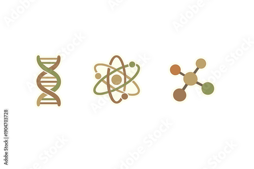 Different symbols represent DNA, atoms, and molecules in a simple design that shows science and biology