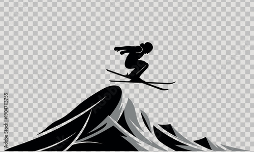 A silhouette of a snowboarder performing a trick on a mountain peak with a transparent background