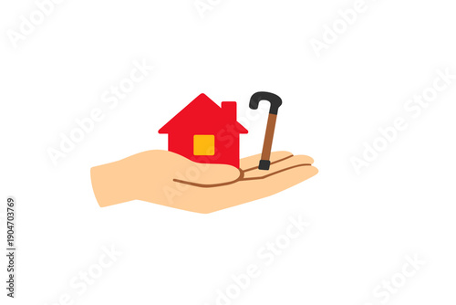 Hand holds a red house model and a brown cane, symbolizing support for housing needs and assistance for elderly or disabled individuals