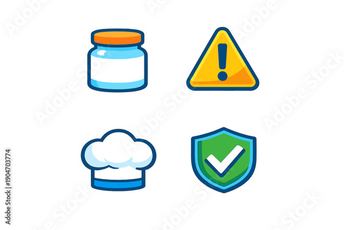 Different icons show a jar, a warning sign, a chef hat, and a shield, representing food safety and health regulations in the kitchen setting