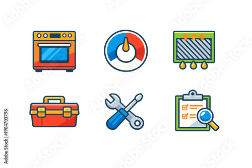 Different tools and equipment for home kitchen maintenance and repair, showing various objects like an oven, temperature gauge, and toolbox