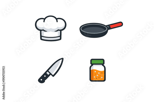 Cooking tools include a chef hat, frying pan, knife, and jar of spices arranged in a simple layout