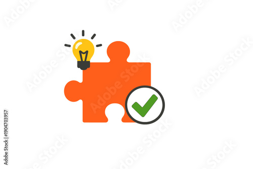 Bright light bulb over a puzzle piece with a check mark symbol showing completion of a task or idea at a workspace in a minimal setting