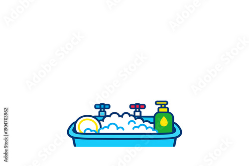 Bubbles fill a blue sink as dishes wait to be washed in a kitchen setting during the daytime with soap and a green bottle nearby