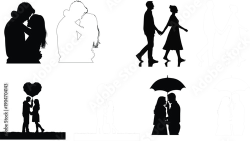 Couples in love silhouettes vector holding hands and kissing isolated on white background