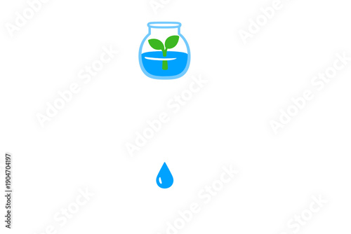 Water drops fall into a fishbowl with a green plant inside, illustrating a simple activity related to watering