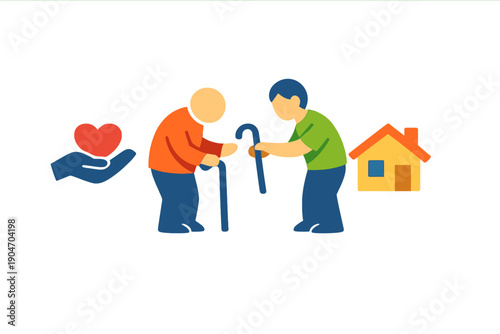 Elder man receives help from a younger man while standing on a white background with symbols of care and home in the scene